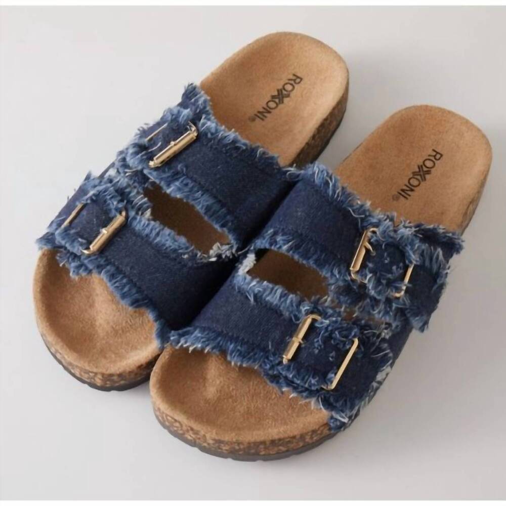 NEW ROXONI women's double buckle frayed cork sandals in dark blue